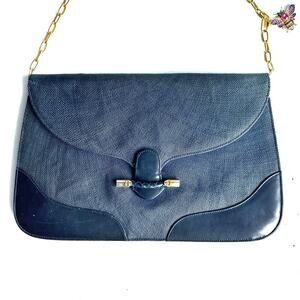 Vintage Gucci 1970s Navy Canvas Clutch Bamboo GG with Chain Strap & Bee Charm